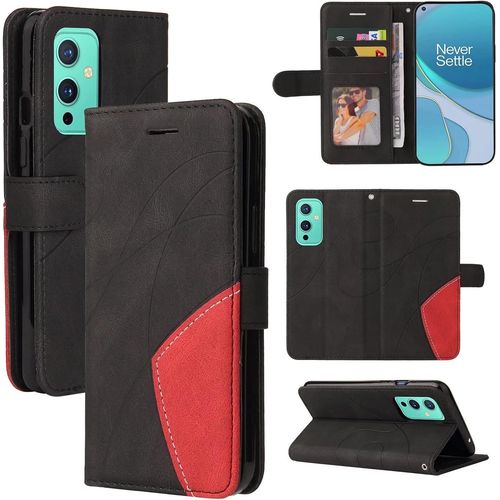 Coque Pour Oneplus 9 Portefeuille Flip Etui 3 Fentes Pour Cartes Stand Support Fermeture Magnétique Bicolores Dragonne Cuir 360 ° Antichoc 2& Verre Trempé,Le Noir