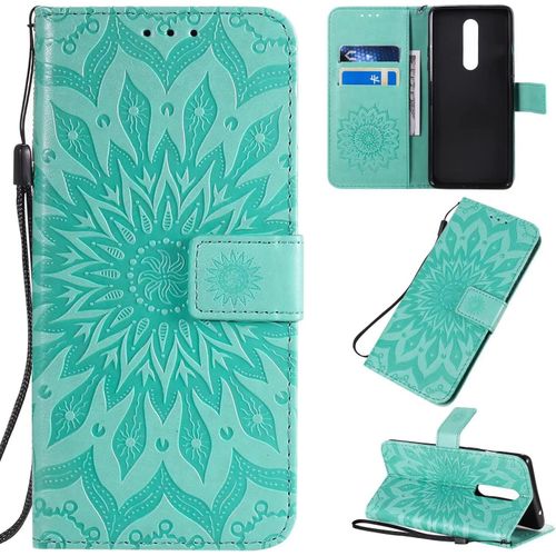 Coque Pour Oneplus 8 Portefeuille Rabat Étui Housse 2 Carte Fentes Stand Support Magnétique Gaufrée Tournesol Pu Cuir 360° Antichoc 2&verre Trempé Vert