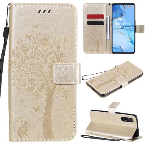 Coque Pour Oppo Find X2 Neo Portefeuille Rabat Étui Housse 2 Fentes Pour Cartes Stand Support Magnétique Chat Et Arbre Papillon Pu Cuir 360° Antichoc 2& Verre Trempé,Or