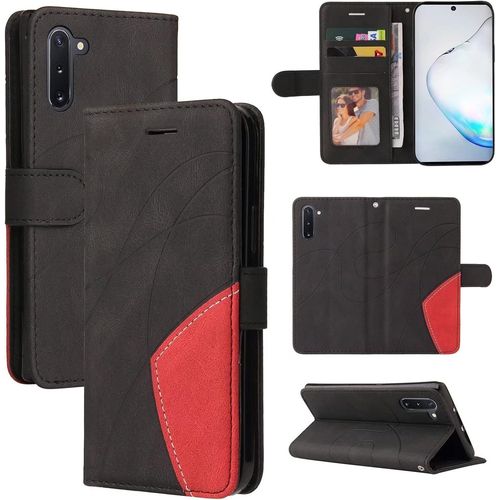 Coque Pour Samsung Galaxy Note10 Portefeuille Flip Etui 3 Fentes Pour Cartes Stand Support Fermeture Magnétique Bicolores Dragonne Cuir 360 ° Antichoc 2& Verre Trempé,Le Noir