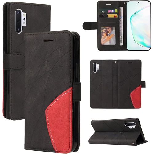 Coque Pour Samsung Galaxy Note10 Pro 5g Portefeuille Flip Etui 3 Fentes Pour Cartes Stand Support Fermeture Magnétique Bicolores Dragonne Antichoc 2& Verre Trempé,Le Noir