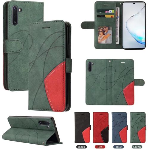 Coque Pour Samsung Galaxy Note10 Portefeuille Flip Etui 3 Fentes Pour Cartes Stand Support Fermeture Magnétique Bicolores Dragonne Cuir 360 ° Antichoc 2& Verre Trempé,Vert