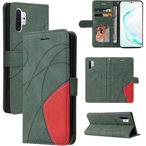 Coque Pour Samsung Galaxy Note10 Pro 5g Portefeuille Flip Etui 3 Fentes Pour Cartes Stand Support Fermeture Magnétique Bicolores Dragonne 360 ° Antichoc 2& Verre Trempé,Vert