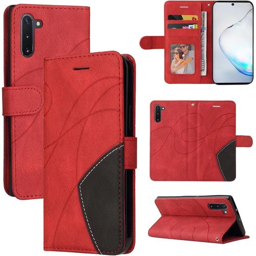 Coque Pour Samsung Galaxy Note10 Portefeuille Flip Etui 3 Fentes Pour Cartes Stand Support Fermeture Magnétique Bicolores Dragonne Cuir 360 ° Antichoc 2& Verre Trempé,Rouge
