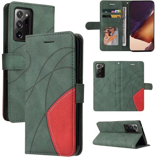 Coque Pour Samsung Galaxy Note20 Ultra Portefeuille Flip Etui 3 Fentes Pour Cartes Stand Support Fermeture Magnétique Bicolores Dragonne 360 ° Antichoc 2& Verre Trempé,Vert
