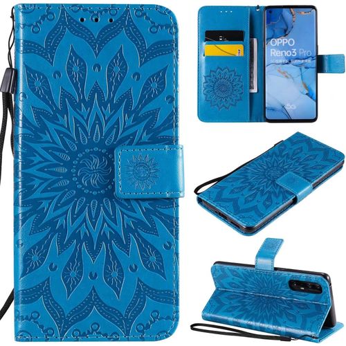 Coque Pour Oppo Find X2 Neo Portefeuille Rabat Étui Housse 2 Carte Fentes Stand Support Magnétique Gaufrée Tournesol Pu Cuir 360° Antichoc 2& Verre Trempé,Bleu