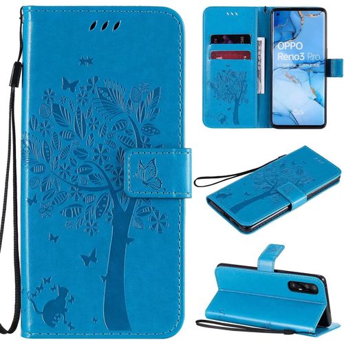 Coque Pour Oppo Find X2 Neo Portefeuille Rabat Étui Housse 2 Fentes Pour Cartes Stand Support Magnétique Chat Et Arbre Papillon Pu Cuir 360° Antichoc 2& Verre Trempé,Bleu