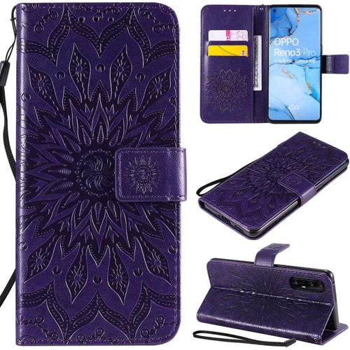 Coque Pour Oppo Find X2 Neo Portefeuille Rabat Étui Housse 2 Carte Fentes Stand Support Magnétique Gaufrée Tournesol Pu Cuir 360° Antichoc 2& Verre Trempé,Violet