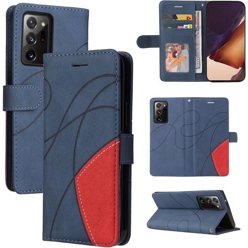 Coque Pour Samsung Galaxy Note20 Ultra Portefeuille Flip Etui 3 Fentes Pour Cartes Stand Support Fermeture Magnétique Bicolores Dragonne 360 ° Antichoc 2& Verre Trempé,Bleu