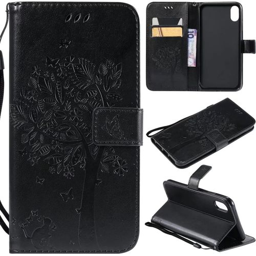 Coque Pour Apple Iphone Xs Max Portefeuille Rabat Étui Housse 2 Fentes Pour Cartes Stand Support Magnétique Chat Et Arbre Papillon Pu Cuir 360° Antichoc 2& Verre Trempé,Noir