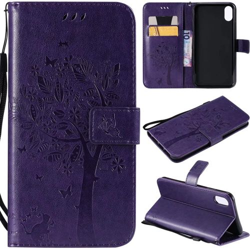 Coque Pour Apple Iphone Xs Max Portefeuille Rabat Étui Housse 2 Fentes Pour Cartes Stand Support Magnétique Chat Et Arbre Papillon Pu Cuir 360° Antichoc 2& Verre Trempé,Violet