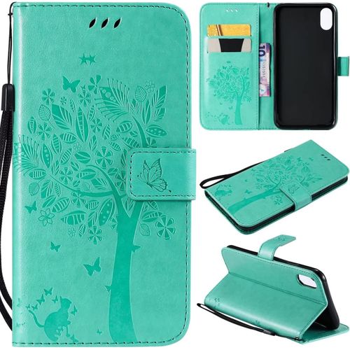 Coque Pour Apple Iphone Xs Max Portefeuille Rabat Étui Housse 2 Fentes Pour Cartes Stand Support Magnétique Chat Et Arbre Papillon Pu Cuir 360° Antichoc 2& Verre Trempé,Vert