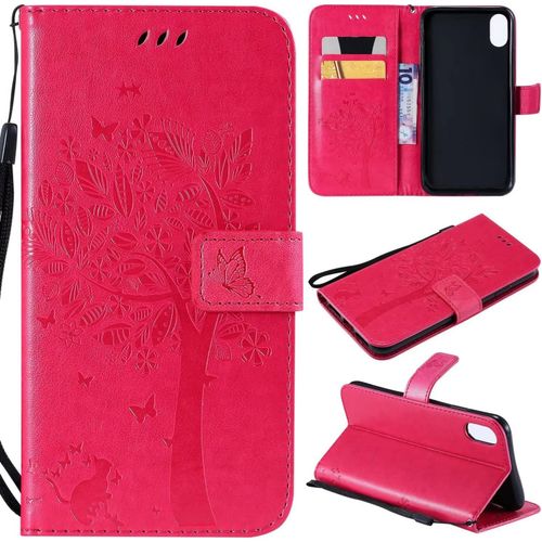 Coque Pour Apple Iphone Xs Max Portefeuille Rabat Étui Housse 2 Fentes Pour Cartes Stand Support Magnétique Chat Et Arbre Papillon Pu Cuir 360° Antichoc 2& Verre Trempé,Rouge Rose