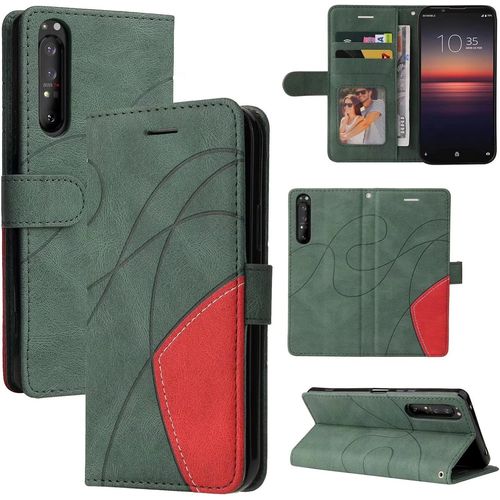 Coque Pour Sony Xperia 1 Ii Portefeuille Flip Etui 3 Fentes Pour Cartes Stand Support Fermeture Magnétique Bicolores Dragonne Cuir 360 ° Antichoc 2& Verre Trempé Vert