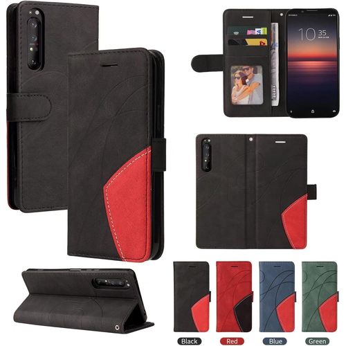 Coque Pour Sony Xperia 1 Ii Portefeuille Flip Etui 3 Fentes Pour Cartes Stand Support Fermeture Magnétique Bicolores Dragonne Cuir 360 ° Antichoc 2& Verre Trempé Le Noir