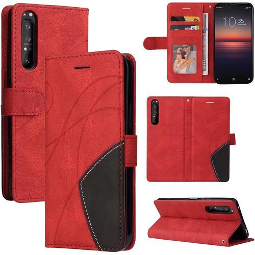 Coque Pour Sony Xperia 1 Ii Portefeuille Flip Etui 3 Fentes Pour Cartes Stand Support Fermeture Magnétique Bicolores Dragonne Cuir 360 ° Antichoc 2& Verre Trempé Rouge