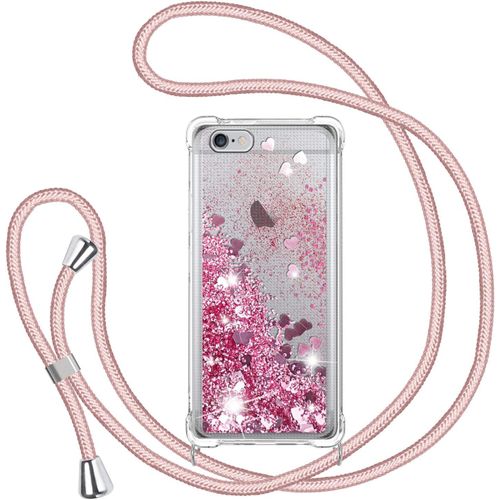 Glitter Liquide Collier Coque Pour Iphone 6/ Iphone 6s, Glitter Silicone Paillette Étui Protection Tpu Bumper Flowing Liquide Housse, Bling Transparent Case Avec Réglable Tour De Cordon -Rose