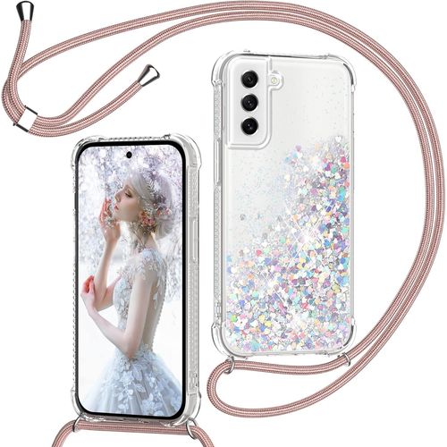 Glitter Liquide Collier Coque Pour Samsung Galaxy S21 5g, Glitter Silicone Paillette Étui Protection Tpu Bumper Liquide Housse, Bling Transparent Case Avec Réglable Tour De Cordon -Or Rose