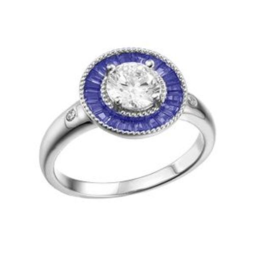 Bague Argent Rhodié Ronde Centre Oxyde Blanc Et Contour Oxydes Rectangulaires Bleus