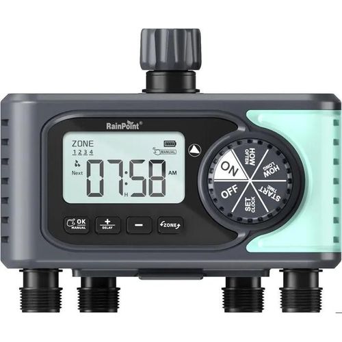 Programmateur Arrosage 4 Voies, Minuteur Arrosage Automatique avec Retard de Pluie irrigation Manuelle, pour Serre