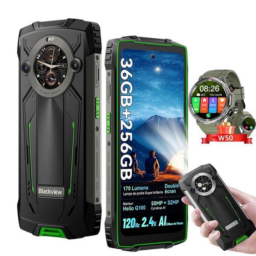 Blackview BV8200 Smartphone Incassable Double écran 6.5" 256 Go 8800mAh Vert avec Smartwatch Blackview W50