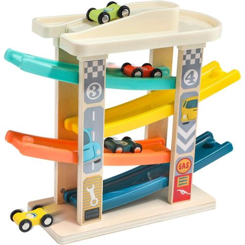 Circuit de course avec petites voitures pour bébés et tout-petits de 1 et 2 ans - Rampe avec 4 mini-voitures - Bois de qualité supérieure sans BPA - Sûr, mignon et amusant
