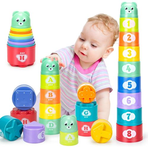 Jouets pour tout-petits de 1 à 3 ans, jouets pour bébés, gobelets empilables et blocs souples, jouets de dentition pour bébés de 6 à 12 mois, jouets éducatifs Montessori ou pour le bain, gobelets empilables