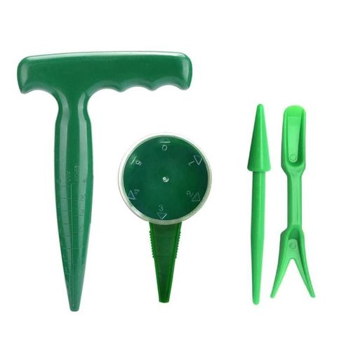 Ensemble de 4 mini-outils de jardinage manuels pour semis, comprenant un plantoir pour bulbes, un distributeur de graines de fleurs, un plantoir de transplantation et un plantoir pour serre de jardin.