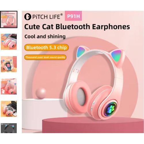 casque audio oreilles de chat,P91H, oreilles De chat mignonnes BT casque sans fil Com micro E Flash Light
