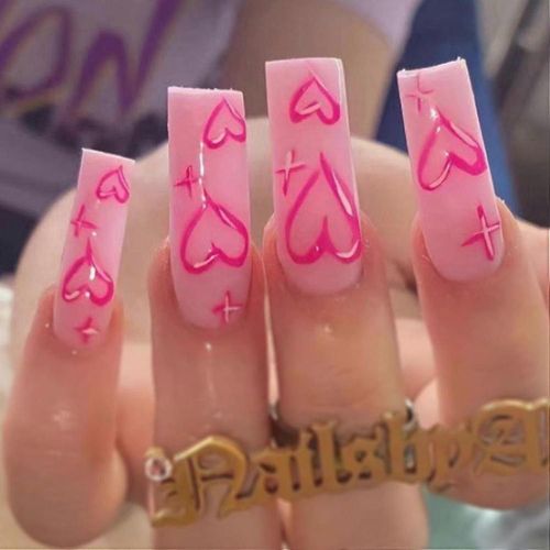 Long Faux Ongles Cercueil Presse Sur Faux Ongles Rose Coeur Flase Ongles Couverture Complète Stick Sur Les Ongles Pour Les Femmes Et Les Filles 24 Pcs 