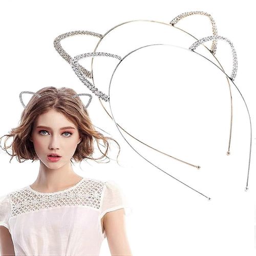 Cat Ears Headband Rhinestone Cat Headband Crystal Hair Hoop For Women Girls Party Cosplay Costume Headwear Halloween Makeup 2pcs