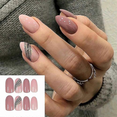 Nail Art Faux Ongle Wear Nailalmond Diagonal Gold Line Lotus Root Rose Wear Nailfake Nail Patch Patch Ongle 