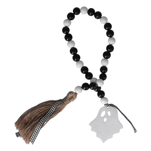 Guirlande de perles en bois d¿Halloween noir blanc en bois perles String avec pompons pour le Festival de la maison