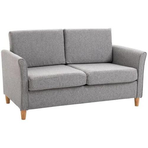 Canapé 2 Places Design Scandinave Dim. 141l X 65l X 78h Cm Pieds Bois Massif Tissu Lin Gris Clair Chiné