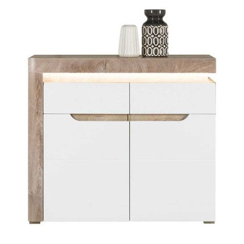 Buffet 2 Portes 1 Tiroir Blanc/Chêne À Led - Kiele - L 100 X L 39 X H 89 Cm