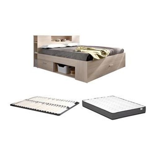 Lit Avec Tête De Lit Rangements Et Tiroirs - 140 X 190 Cm - Coloris : Naturel + Sommier + Matelas - Leandre