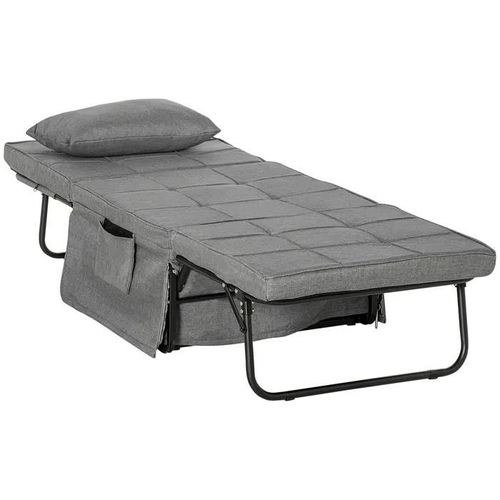 Fauteuil Relax Canapé Pouf Lit D'appoint 4 En 1 Dossier Inclinable 5 Niveaux Repose-Pied Rabattable Châssis Acier Noir Polyester Gris