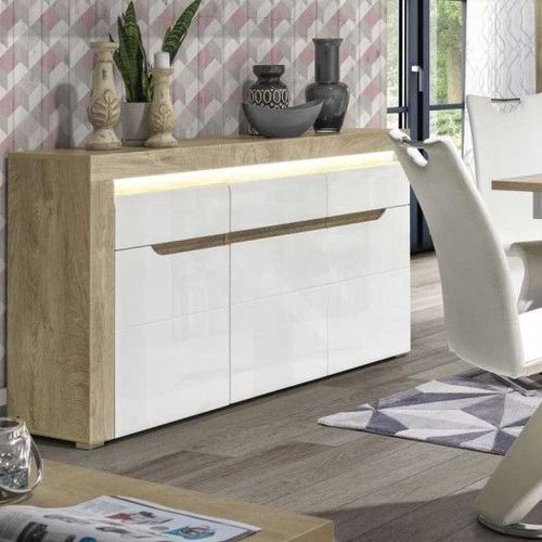 Buffet 3 Portes 1 Tiroir Blanc/Chêne À Led - Kiele - L 152 X L 39 X H 89 Cm