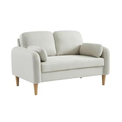 Canapé 2 Places Scandinave Arrondi Tissu Blanc Pieds Bois D'hévéa