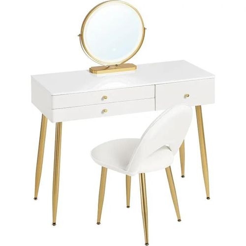 Coiffeuse Avec Miroir Led Réglable Et Chaise En Velours.Table De Maquillage Avec 3 Tiroirs.Crème+Or