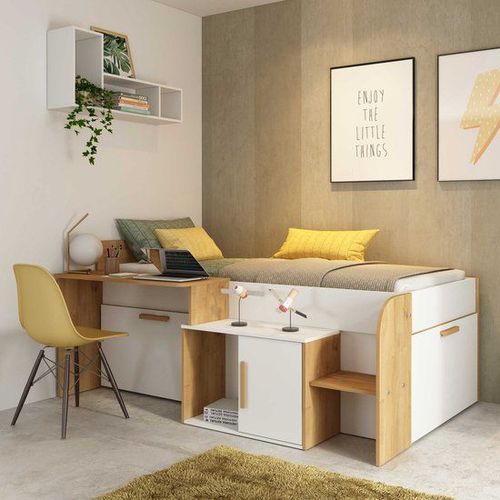 Lit Combiné 90 X 200 Cm Avec Bureau Et Rangements - Coloris : Blanc Et Naturel - Pedro