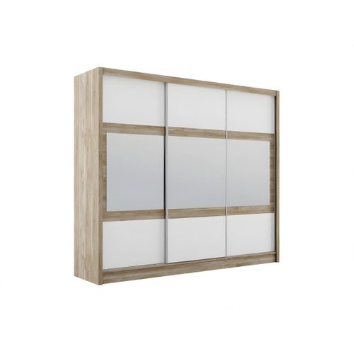 Armoire 3 Portes Coulissantes - Avec Miroir - L250 Cm - Coloris : Naturel Et Blanc - Leovia