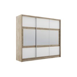 Armoire 3 Portes Coulissantes - Avec Miroir - L250 Cm - Coloris : Naturel Et Blanc - Leovia