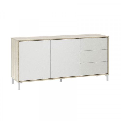 Buffet 2 Portes 3 Tiroirs Blanc/Chêne - Meza - L 154 X L 41 X H 74 Cm