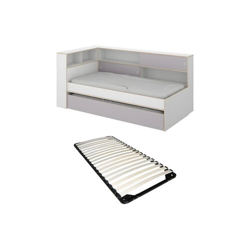 Lit Gigogne Avec Rangements - 90 X 200 Et 90 X 190 Cm - Blanc Et Gris + Sommier - Losiana