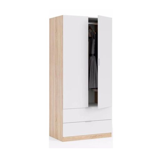 Armoire Avec 2 Portes 2 Tiroirs Coloris Chêne Et Blanc - Dim : L 81 X H 180 X P 52 Cm