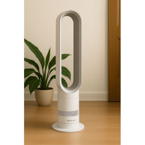 Ventilateur sans pales Dyson Cool AM07, blanc et argent. Technologie Air Multiplier, silencieux et puissant. Design moderne, idéal pour grande pièce.