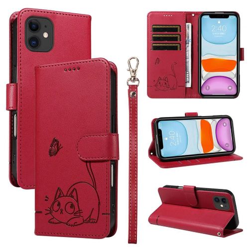 SATURCASE Coque pour Apple iPhone 11, Chat Mignon PU Cuir Magnétique Flip Portefeuille Support Porte-Carte Dragonne Protecteur Housse Étui pour Apple iPhone 11 (ZC-Rouge)