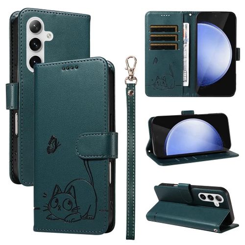 SATURCASE Coque pour Samsung Galaxy S24 FE, Chat Mignon PU Cuir Magnétique Flip Portefeuille Support Porte-Carte Dragonne Protecteur Housse Étui pour Samsung Galaxy S24 FE (ZC-Vert foncé)