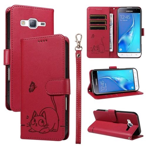 SATURCASE Coque pour Samsung Galaxy J3 / J3 2016, Chat Mignon PU Cuir Magnétique Flip Portefeuille Support Porte-Carte Dragonne Protecteur Housse Étui pour Samsung Galaxy J3 / J3 2016 (ZC-Rouge)